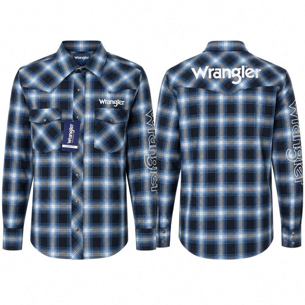 NWT Wrangler Logo Western Shirt Men’s M Plaid Snap Button Blue Classic Fit